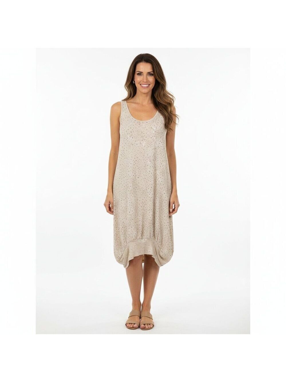 Poleci Laser Cut-Out Tunic Dress – Beige/Nude, Size XS